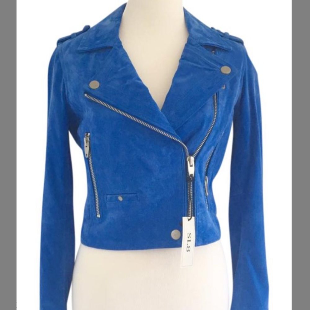 blue suede moto jacket
